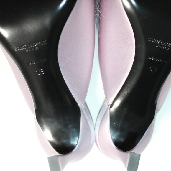 NWB Saint Laurent Paris Feather Pom Pom Kitten Heels Mules SlipOns Poly Grey 39 - Picture 8 of 9